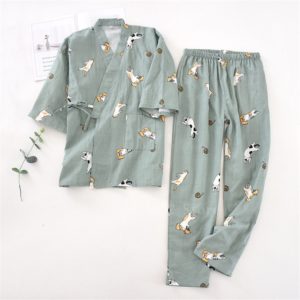 2 PCs Japanese Lover Pajamas Set Kawaii Printed Kimono Traditional Yukata Cotton Steaming Clothing Men Women Bathrobe Nightgown