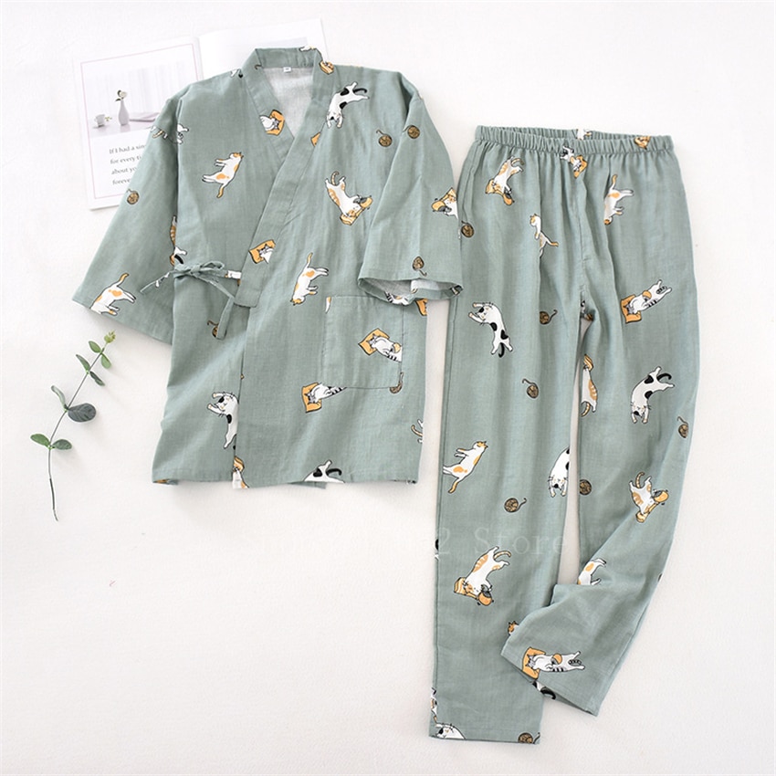 2-PCs-Japanese-Lover-Pajamas-Set-Kawaii-Printed-Kimono-Traditional-Yukata-Cotton-Steaming-Clothing-Men-Women