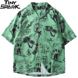 2019 Hip Hop Shirt Streetwear Men Hawaiian Shirts Graffiti Skull Tree Harajuku Summer Beach Shirt Green Tops Short Sleeve Casual