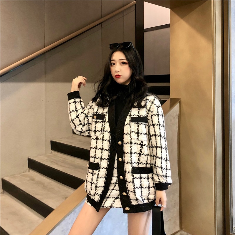 2020-Autumn-Winter-Fashion-2-Piece-Set-Women-Long-Sleeve-Tweed-Wool-Jacket-Coat-Mini-Wool-1