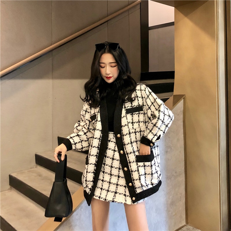 2020-Autumn-Winter-Fashion-2-Piece-Set-Women-Long-Sleeve-Tweed-Wool-Jacket-Coat-Mini-Wool-3