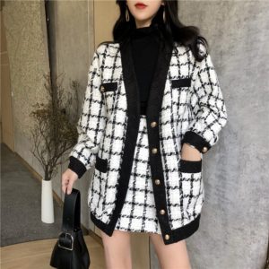 2020 Autumn Winter Fashion 2 Piece Set Women Long Sleeve Tweed Wool Jacket Coat Mini Wool Skirt Set Ladies Vintage Clothing Sets