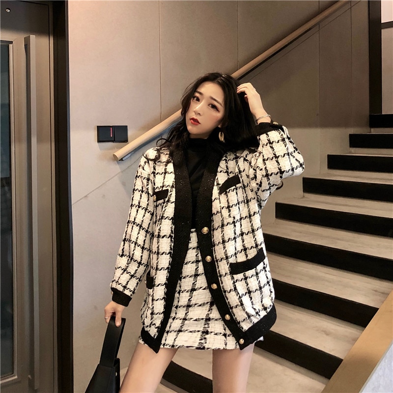 2020-Autumn-Winter-Fashion-2-Piece-Set-Women-Long-Sleeve-Tweed-Wool-Jacket-Coat-Mini-Wool-4