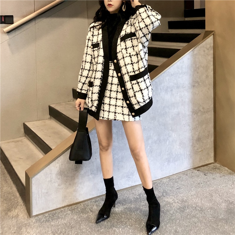 2020-Autumn-Winter-Fashion-2-Piece-Set-Women-Long-Sleeve-Tweed-Wool-Jacket-Coat-Mini-Wool-5