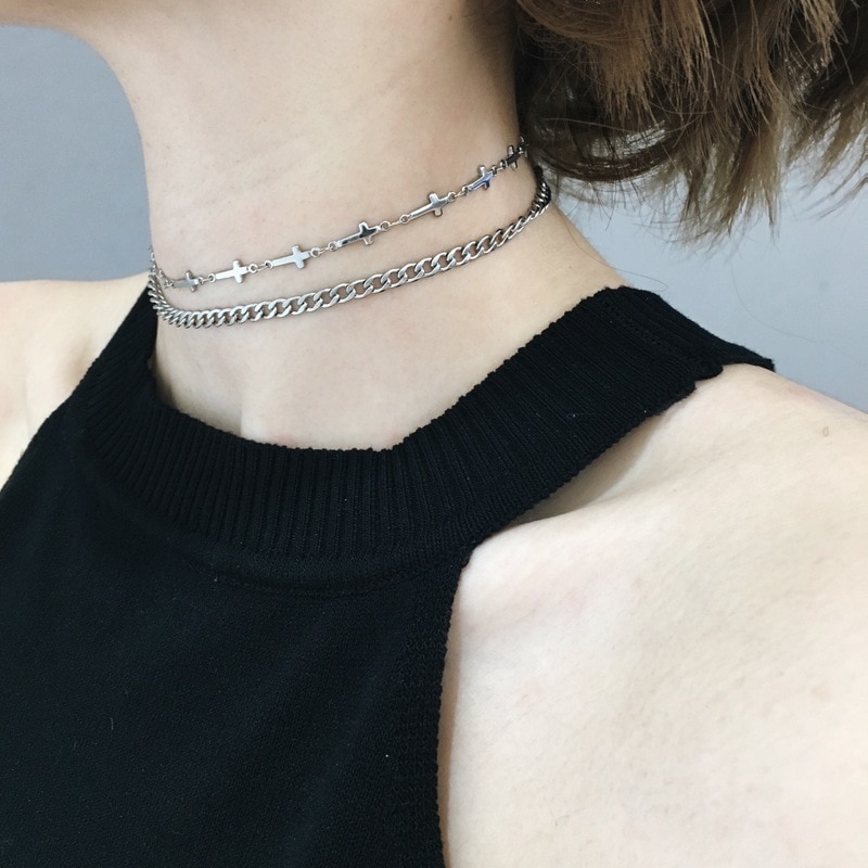 2020-Hot-Sale-Kpop-Goth-Stainless-Steel-Layered-Cross-Necklace-Short-Chain-Choker-Necklaces-For-Women