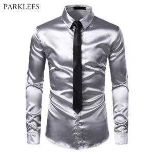 2pcs Silver Silk Shirt Tie Mens Satin Smooth Tuxedo Shirts Casual Button Down Men Dress Shirts Wedding Party Prom Chemise Homme