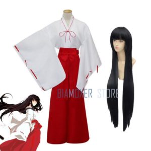 Biamoxer Inuyasha Kikyou Cosplay Dress Costumes Kikyo Wigs Women Japanese Kimono Set Black Long Hair