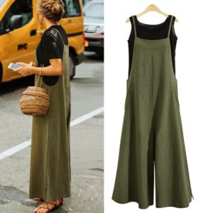 Elegant Fashion Women Cotton Linen Long Wide Leg Romper Strappy Bib Overalls Casual Loose Solid Simple Jumpsuit Trousers Suit