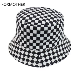 FOXMOTHER New Black White Plaid Check Bucket Hats Fishing Caps Women Mens