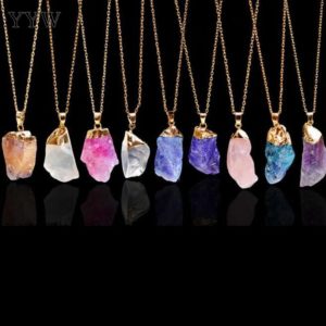 Fashion Stone Necklace Rainbow Stone Natural Crystal Rock Necklace Gold Color Quartz Pendant Jewelry necklace 17.5 Inch