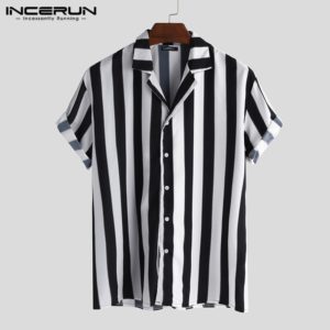 INCERUN Men Striped Shirt Casual Lapel Neck Short Sleeve Button Brand Shirt Chic Loose Streetwear Vacation Blouse Chemise 2020