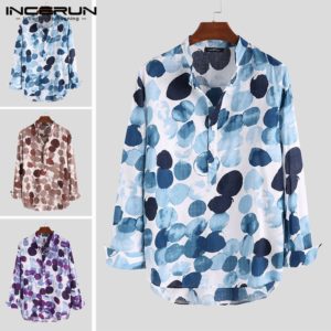 INCERUN Stylish Polka Dot Print Men Shirt Retro Long Sleeve Vacation Cotton Casual Blouse Stand Collar Men Henley Shirts 2020