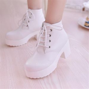 Japanese College Mori Girl Jk Uniform PU Leatehr Lace Up Platform Black Boots Lolita Gothic Round Head Mary Jane Strap Shoes
