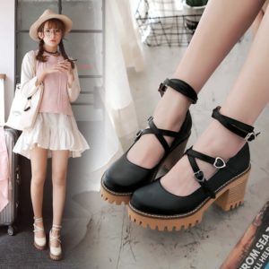 Japanese loli daily sweet lolita shoes round head thick heel cross bandage women shoes shallow mouth kawaii shoes cosplay