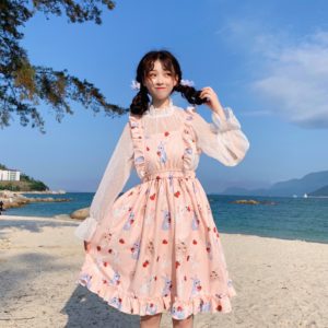 Japanese princess daily sweet lolita dress cute printing falbala victorian dress stand flare sleeve lolita top kawaii girl loli