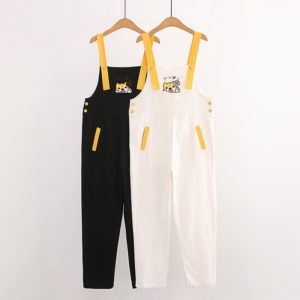 Kawaii Cartoon Shiba Inu Rompers Women New Cute Doge Embroidery Jumpsuit Japan-styleWhite Black Harajuku Casual Overalls pants