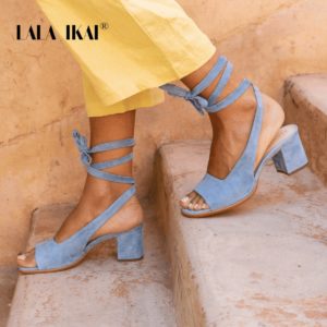 LALA IKAI 2020 Summer Women's Sandals Peep Toe Square High Heels Shoes Plus Size Lace-up Zapatos de Mujer XWC6786-4