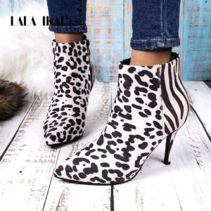 LALA IKAI Leopard Ankle Boots Women Flock Zebra Thin High Heels Short Boots Pointed Toe Party Office Shoes Woman XWC5409-4