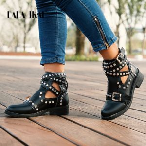 LALA IKAI Women Black Ankle Boots Buckle Strap Rivet Shoes Female Pu leather Motorcycle Boots Autumn Punk Boots XWA5139-4