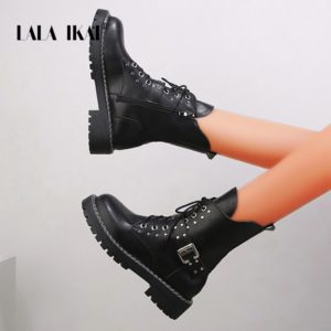 LALA IKAI Women Rivet Ankle Boots Mid Boot PU Lace-UP ZIP Non-slip Fashion Riding Boots Female 2020 Autumn Winter XWA30727-4