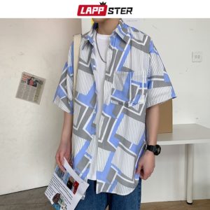 LAPPSTER Men Korean Casual Striped Shirts 2020 Summer Japanese Streetwear Hawaiian Blouses Short Sleeve Button Up Shirt 5XL