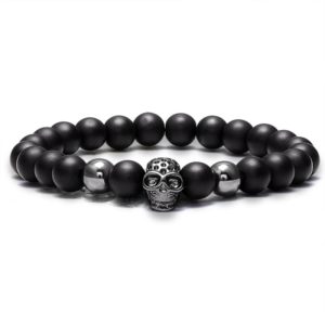 LIVVY Charm Stone Natural Pearl Men's Bracelet Punk CZ Head Skeleton Bracelet Men's Fashion Bead Bracelet