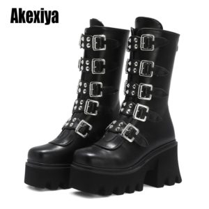 LOOZYKIT Winter Gothic Punk Womens Platform Boots Black Buckle Strap zipper Creeper Wedges Shoes Mid Calf Military Combat Boots
