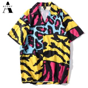Leopard Printed Beach Tropical Hawaii Shirts Women Turn-down Collar Street Oversize Hip Hop Shirts Short Sleeve Shirts for Men