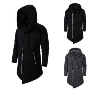 Men Assassin's Creed Hooded Dark Department Long Irregular Loose Leisure Coat Zipper Fleece Hoodie with Hat