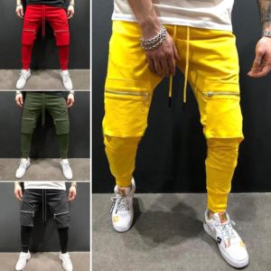 Men Solid Color Big Pockets Patchwork Hip Hop Long Pants Jogging Sports Trousers Breathable Quick Dry Army Men Pants