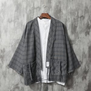 Men's Kimono Japanese Traditional Style Coat Cardigan Casual Loose Haori Retro Plaid Samurai Jacket Asian Clothing Yukata