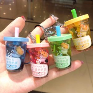 New Bubble Tea Cat Keychain Creative Milk Tea Cup Liquid Crystal Quicksand Sequin Key Ring Bag Pendant for Women Bag Keychain