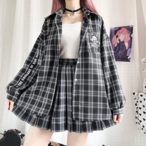 Original Pirate Rabbit Shirt Japanese Women Preppy Style Loose Black Plaid Embroidery Harajuku Bestie Blouse Lapel Spring Autumn