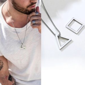 POPULAR INTERLOCKING SQUARE TRIANGLE MALE PENDANT FOR MEN STAINLESS STEEL MODERN TRENDY GEOMETRIC STACKING STREETWEAR NECKLACE