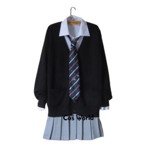 Preppy Style Student Class Japan JK High School Uniform Winter Black V-Neck Cardigan Gray Pleated Skirt Shirt Suits