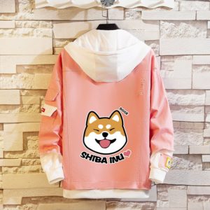 Shiba Inu Kawaii lovely Hooded Jean Jacket Fake two pieces Harajuku Denim Jacket Unisex Doge Cartoon Anime Style Streetwear