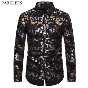 Shiny Colorful Printed Black Mens Long Sleeve Shirts Ropa De Hombre 2020 Fashion Bronzing Men Dress Shirt Camisas Para Hombre