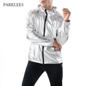 Shiny Silver Metallic Jacket Men Nightclub Stage Show Hooded Mens Jackets And Coats Slim Fit Hip Hop Streetwear Chaqueta Hombre