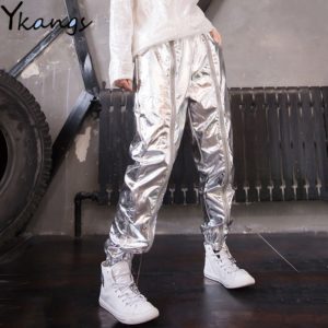 Spring Thin Hip Hop Women Metallic Silver Running Pants Long Zip Casual Harem Trousers Elastic High Waist Bottom Sport Joggers