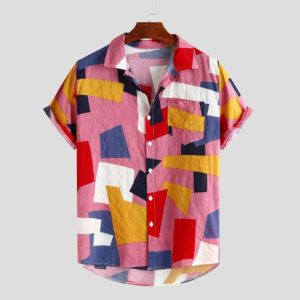 Summer Mens Shirts Hawaiian Fashion Plaid Printed Loose Short Sleeve Buttons Casual Tops And Blouse