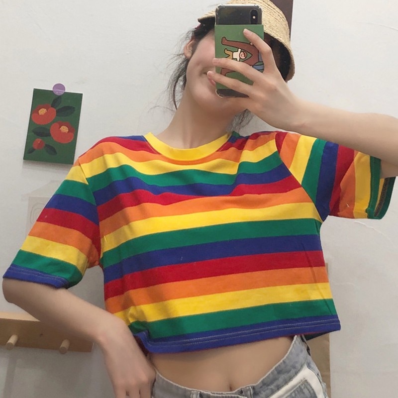 Summer-Rainbow-T-Shirt-Women-Loose-Round-Collar-Stripes-Print-T-Shirts-Loose-Short-Sleeve-Casual-1