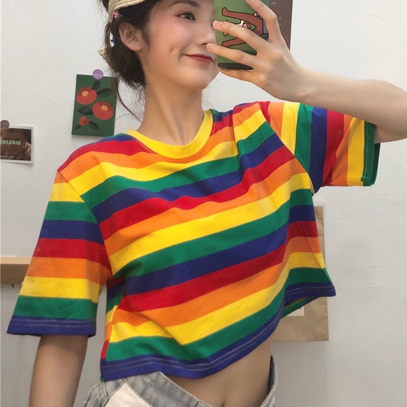 Summer-Rainbow-T-Shirt-Women-Loose-Round-Collar-Stripes-Print-T-Shirts-Loose-Short-Sleeve-Casual-2