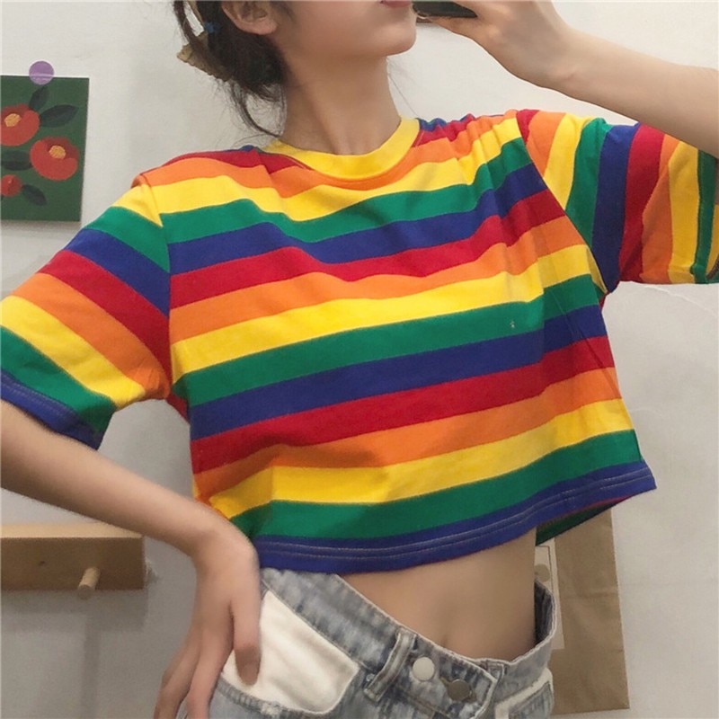 Summer-Rainbow-T-Shirt-Women-Loose-Round-Collar-Stripes-Print-T-Shirts-Loose-Short-Sleeve-Casual-3
