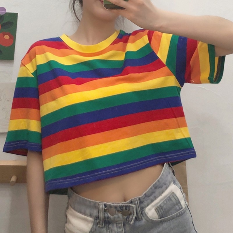 Summer-Rainbow-T-Shirt-Women-Loose-Round-Collar-Stripes-Print-T-Shirts-Loose-Short-Sleeve-Casual-4