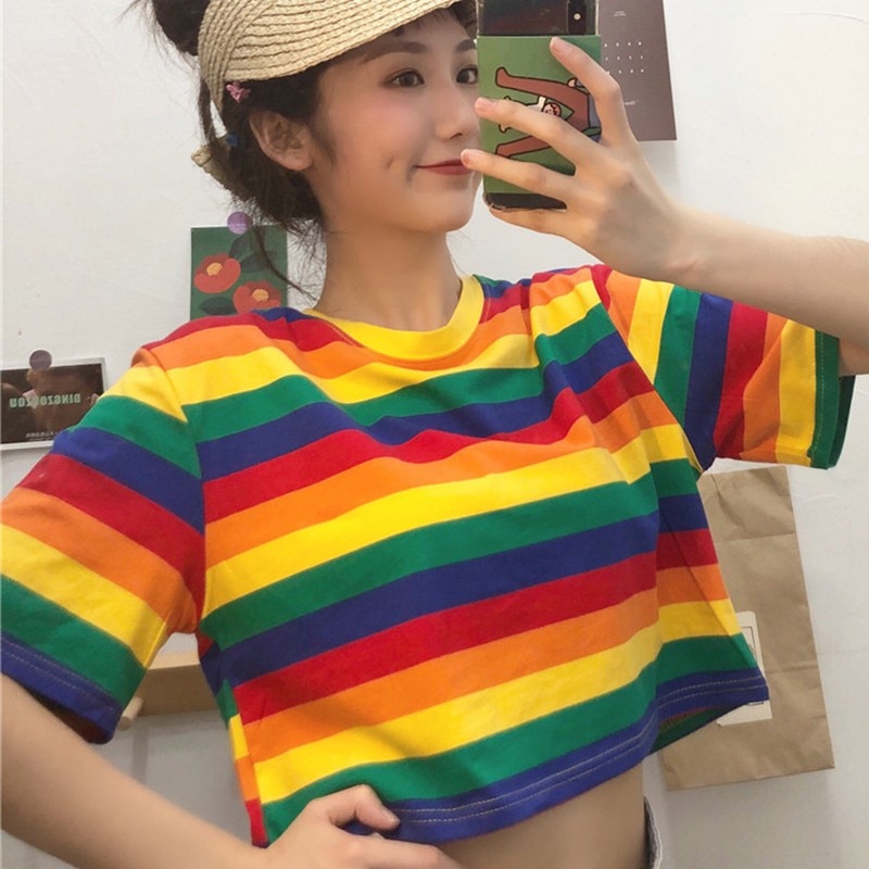 Summer-Rainbow-T-Shirt-Women-Loose-Round-Collar-Stripes-Print-T-Shirts-Loose-Short-Sleeve-Casual