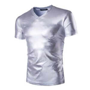 T Shirt Men Shiny Silver Metallic Night Club Tshirt Men's Casual Harajuku Streetwear Short Sleeve Slim Tee Shirt Homme Camiseta