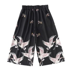 Traditional Japanese Clothes Boho Capri Pants Red-Crowned Crane Japanese Fashion Wide Leg Pants Kimono Cropped Trousers FF2576