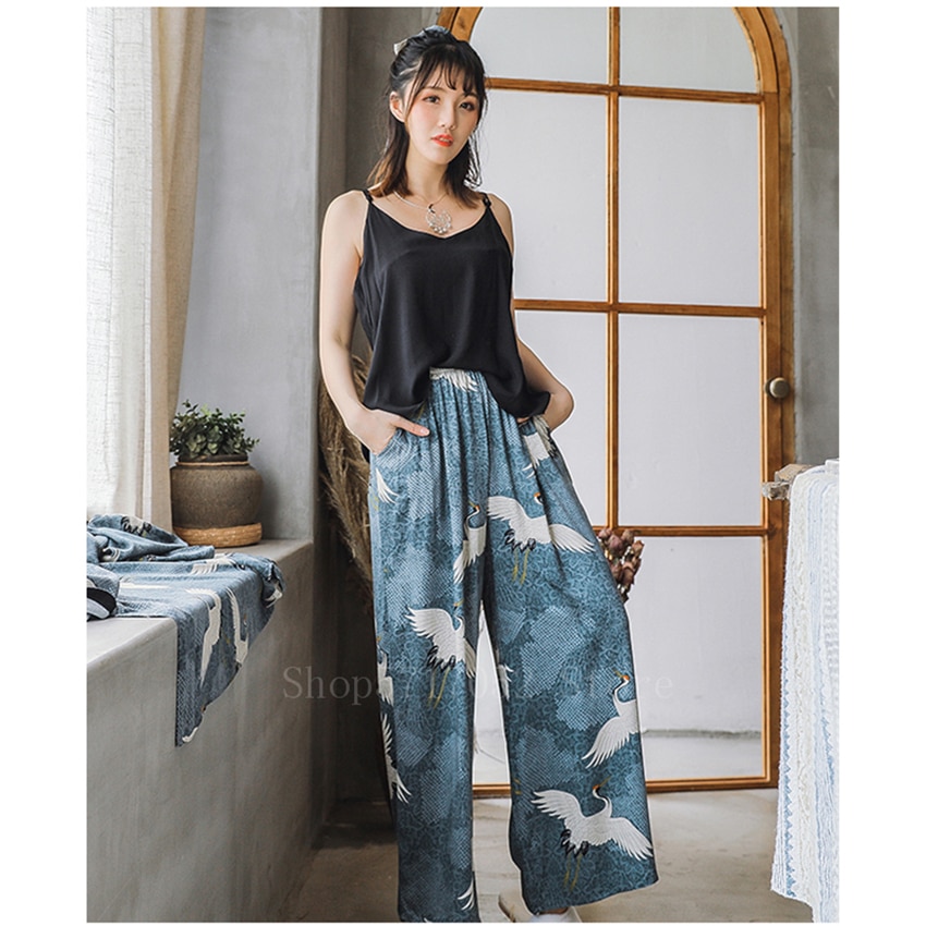 Ukiyo-e-Japanese-Kimono-Dress-Women-Crane-Vinatge-Yukata-3PCs-Coat-Top-Pants-Pajamas-Suit-Haori-3