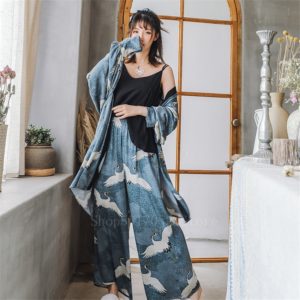 Ukiyo-e Japanese Kimono Dress Women Crane Vinatge Yukata 3PCs Coat Top Pants Pajamas Suit Haori Samurai Harajuku Asian Clothes