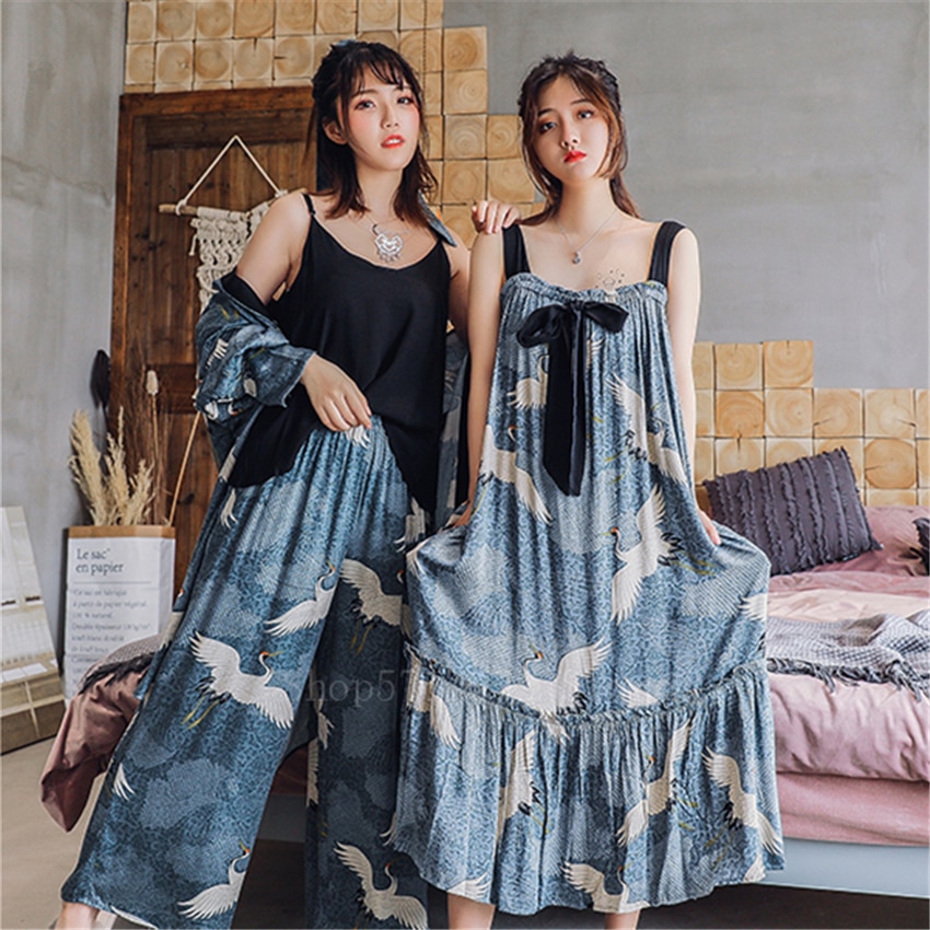 Ukiyo-e-Japanese-Kimono-Dress-Women-Crane-Vinatge-Yukata-3PCs-Coat-Top-Pants-Pajamas-Suit-Haori-5